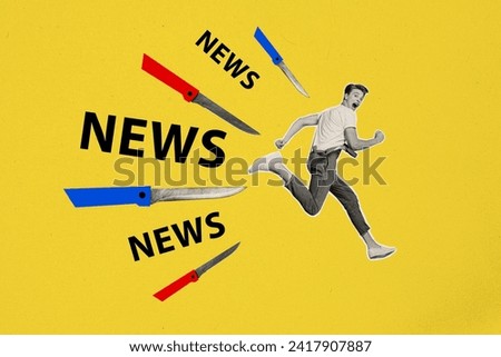 Creative art collage of young funny guy scared running away from fake news sharp knives chasing him isolated on yellow color background