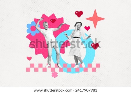 Collage picture of two cheerful carefree aged people enjoy dancing chilling painter hearts star flower isolated on paper background