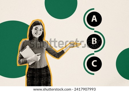 Collage image of black white effect positive friendly teacher girl hold tablet demonstrate teach letters isolated on painted background