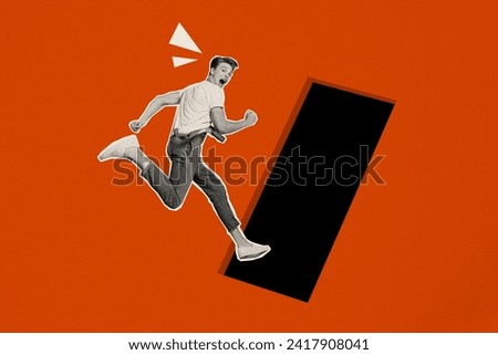 Contemporary art collage of funky guy running fast into black unknown hole scared escape from reality isolated over red color background