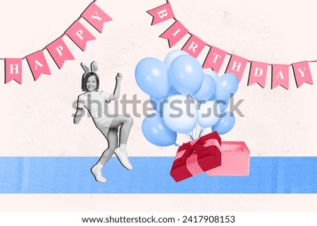 Vertical collage creative poster black white effect smile cheerful beautiful little girl dance happy birthday party exclusive banner