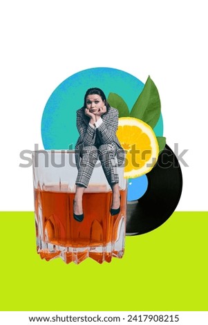 Creative drawing collage picture of sad employee female friday weekend glass alcohol enjoy whisky party weird freak bizarre unusual fantasy