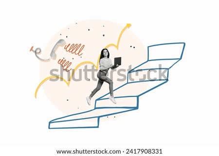 Collage picture running young business girl freelancer worker climbing upwards top reaching target success self improvement career growth