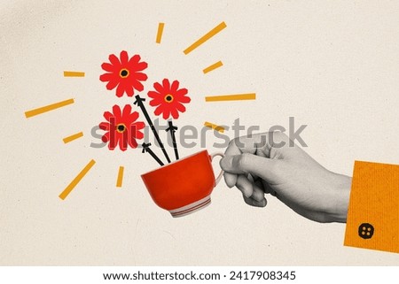 Composite collage picture of black white colors arm hold hearbal tea mug drawing flowers isolated on paper beige background