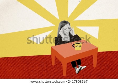 Collage picture of black white colors sick girl arms fingers touch templess headache desk boss coffee cup isolated on drawing background