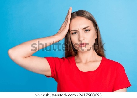 Photo of young sick girl touch forehead suffer high temperature feel bad isolated on cyan color background