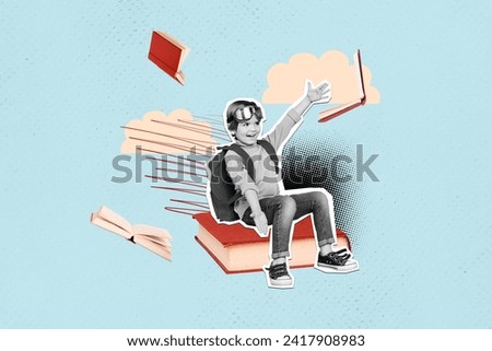 Creative collage picture illustration monochrome effect excited happy joyful young boy fly high deam read book bird cloud blue background