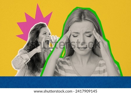 Composite collage image of two black white effect girls yell suffer headache isolated on drawing yellow background