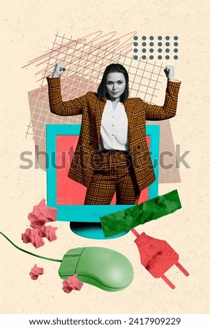 Collage picture of strong business lady in formal suit raised fists up finally know how use microsoft office isolated on beige background