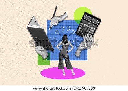 Horizontal surreal picture photo collage of young lady stand backwards thinking counting hand hold calculator write notes mathematics