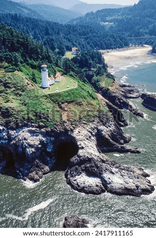 Aerial image of Heceta Head Lighthouse, Oregon, USA