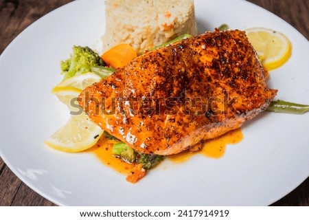 Honey Glazed Salmon with Mixed Vegetables and Rice