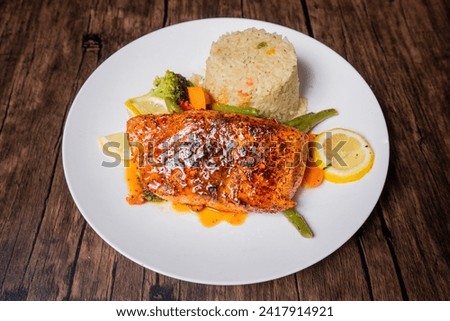 Honey Glazed Salmon with Mixed Vegetables and Rice
