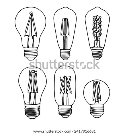 Vector Illustration of various type of light bulb. Hand drawn idea icon, one line art drawing of idea. Concept of idea emergence. suitable for your signs for website, apps and UI, Isolated on white
