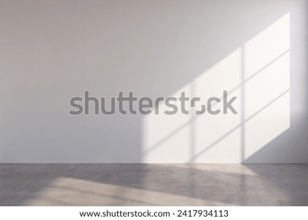 Empty minimalist interior space background with natural sunlight on white wall and polished concrete floor.