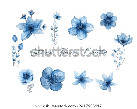 water color flower set, ultra HD blue color is very detailed, which is suitable for wedding templates or other decoration purposes