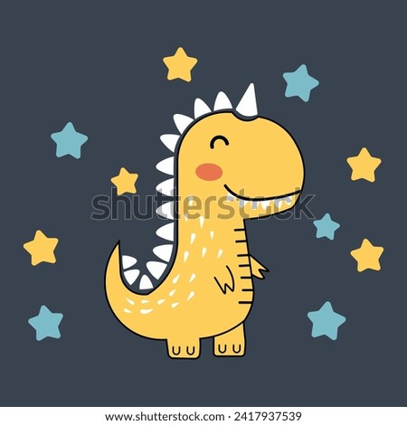 Happy childlike cartoon Tyrannosaurus Rex dinosaur with a black outline, drawn by a child, surrounded by stars and a galaxy night background. Vector illustration.