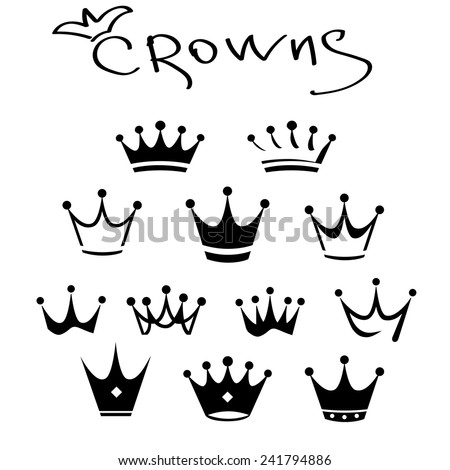 King icon set. Vector illustration. Set crowns. Different crown. Black and white icons.