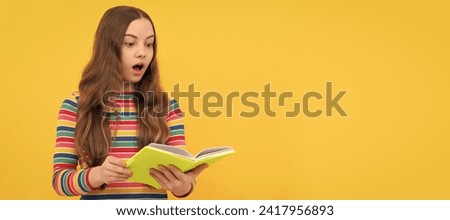 OMG. Shocked child read book. School education. Keep calm and read a book. Banner of school girl student. Schoolgirl pupil portrait with copy space.
