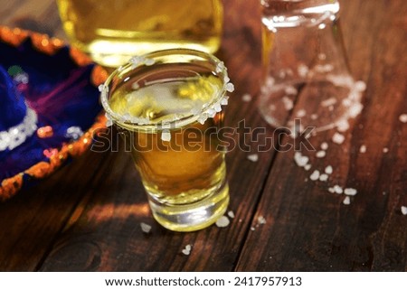 A shoot of tequila with salt and lemon slice