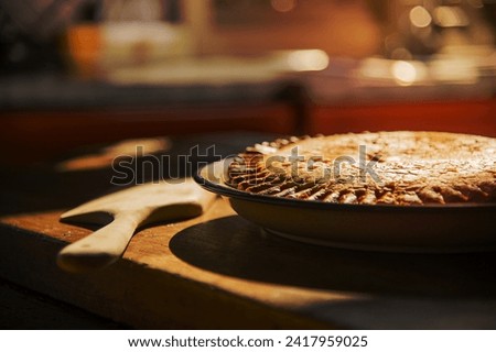 Meat pie in its pot with blurried view of kitchen