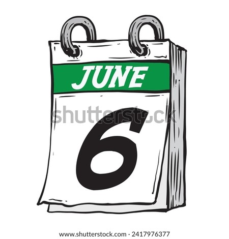 Simple hand drawn daily calendar for June line art vector illustration with green date 6, June 6th