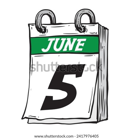 Simple hand drawn daily calendar for June line art vector illustration with green date 5, June 5th