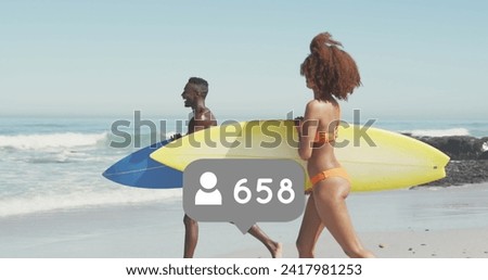 Image of speech bubble with people icon and numbers over couple running with surfboards on beach. digital interface, social media and global network concept digitally generated image.