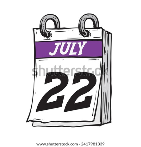 Simple hand drawn daily calendar for July line art vector illustration date 22, July 22nd