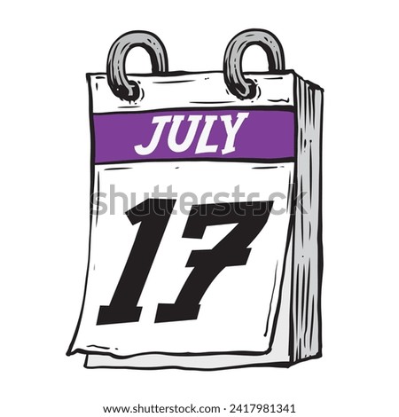 Simple hand drawn daily calendar for July line art vector illustration date 17, July 17th