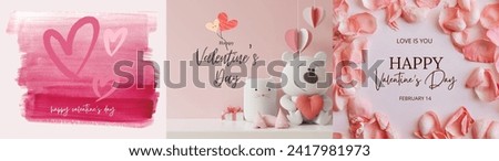 Valentine's day concept posters set.Red and pink paper hearts with frame on geometric background. Cute love sale banners or post