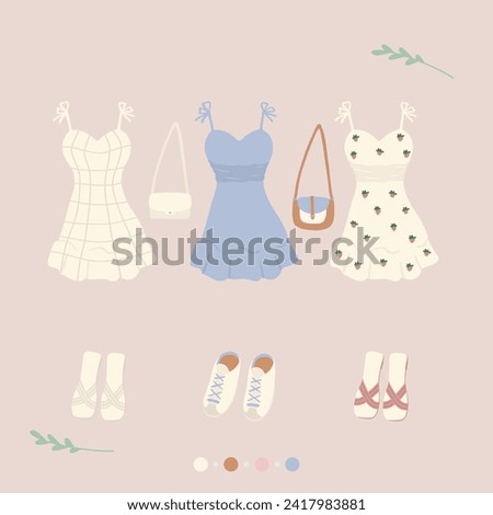 hand drawn vector flat illustration set of spring fashion concept sticker pack. Cute elements doodle collection. For card, scrapbooking, tag, invitation, banner, graphic resource, social media, prints