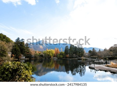 Autumn Mirror reflection from Kinrinko (Kinrin Lake) Yufuin, Japan