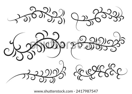 set of Vintage Filigree swirling, Calligraphy Doodle wind Decorative Elements, curly thin line Floral style swings swashes, Flourishes Swirls, flourish Swirl ornament vector, Elegant scroll design