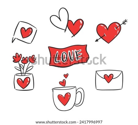 Collection of Valentine’s Day elements. Love clipart. Vector doodle clip art for 14th February. Hand drawn lovely doodle isolated on white with hearts, lettering, cup, envelope