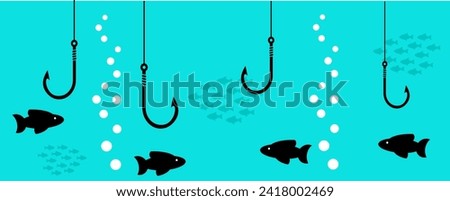 Fishing hooks on fishing lines underwater graphic background. Wallpaper with catching fish in blue water. Vector illustration EPS10 editable and printable