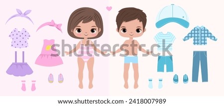 Paper doll clothes. Paper doll boy, girl. Cute girl with dresses . Clothes set, collection. Vector illustration. Doll for children play. Baby doll. Cutouts. Fashion girl, boy. Dress up, cutouts Royalty-Free Stock Photo #2418007989