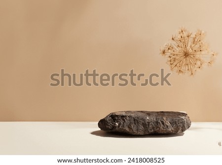 Background for cosmetic or skin care products of natural dark stone over beige and brown background . Stone podium with dry flowers. Front view.