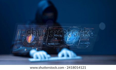 Hacker faces a formidable cyber security system with a firewall and artificial intelligence, defending against unauthorized login attempts and ensuring password protection on the computer screen Royalty-Free Stock Photo #2418014121