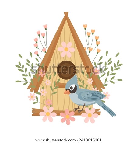 Cute birdhouse with birds, decorated with flowers and leaves. Spring clip art in flat cartoon style. Spring holiday illustration. Vector