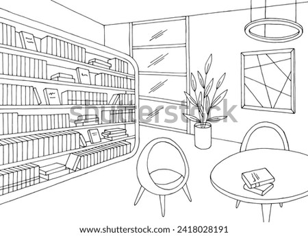 Modern library interior graphic black white sketch illustration vector