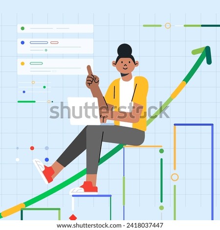 Woman sitting growth chart analyzing business and rising profits stocks with laptop vector illustration flat