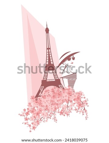 elegant woman wearing sunglasses and wide brimmed hat among blooming tree flower branches and eiffel tower - fashion spring in Paris handdrawn vector design