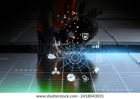 Double exposure-engineer use smart tablet,control check operation wind turbine,energy electricity,power supply renewable,artificial intelligence or AI technology,sustainable alternative energy concept Royalty-Free Stock Photo #2418043031