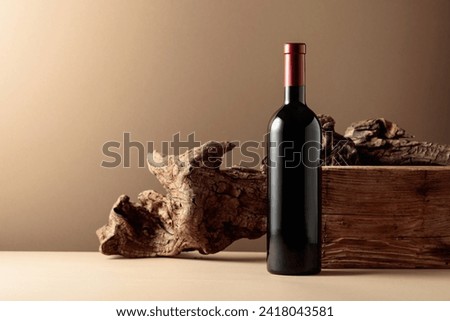 Bottle of red wine with old wood on a beige background. Copy space. Royalty-Free Stock Photo #2418043581