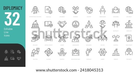 Diplomacy Line Editable Icons set. Vector illustration in modern thin line style of  political dialogue related icons: summit, diplomatic, politics, debate, and more. Isolated on white Royalty-Free Stock Photo #2418045313