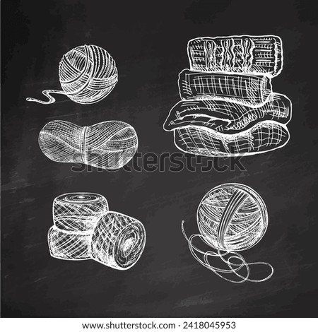 Hand-drawn sketch of balls of yarn, wool, knitted goods on chalkboard background. Knitwear, handmade, knitting equipment concept in vintage doodle style. Engraving style.