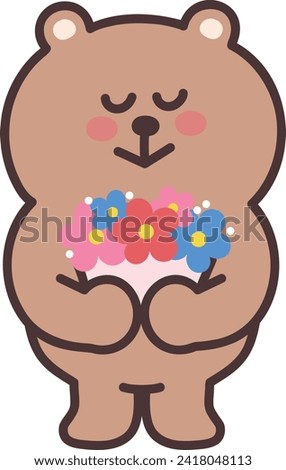 Cartoon teddy bear with a bouquet. Vector illustration isolated on a transparent background.