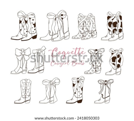 set of Coquette Cowgirl Boots with pink Ribbon Bow Outline Hand Drawn Doodle