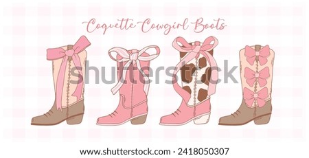 set of Coquette Cowgirl Boots with pink Ribbon Bow Hand Drawn Doodle